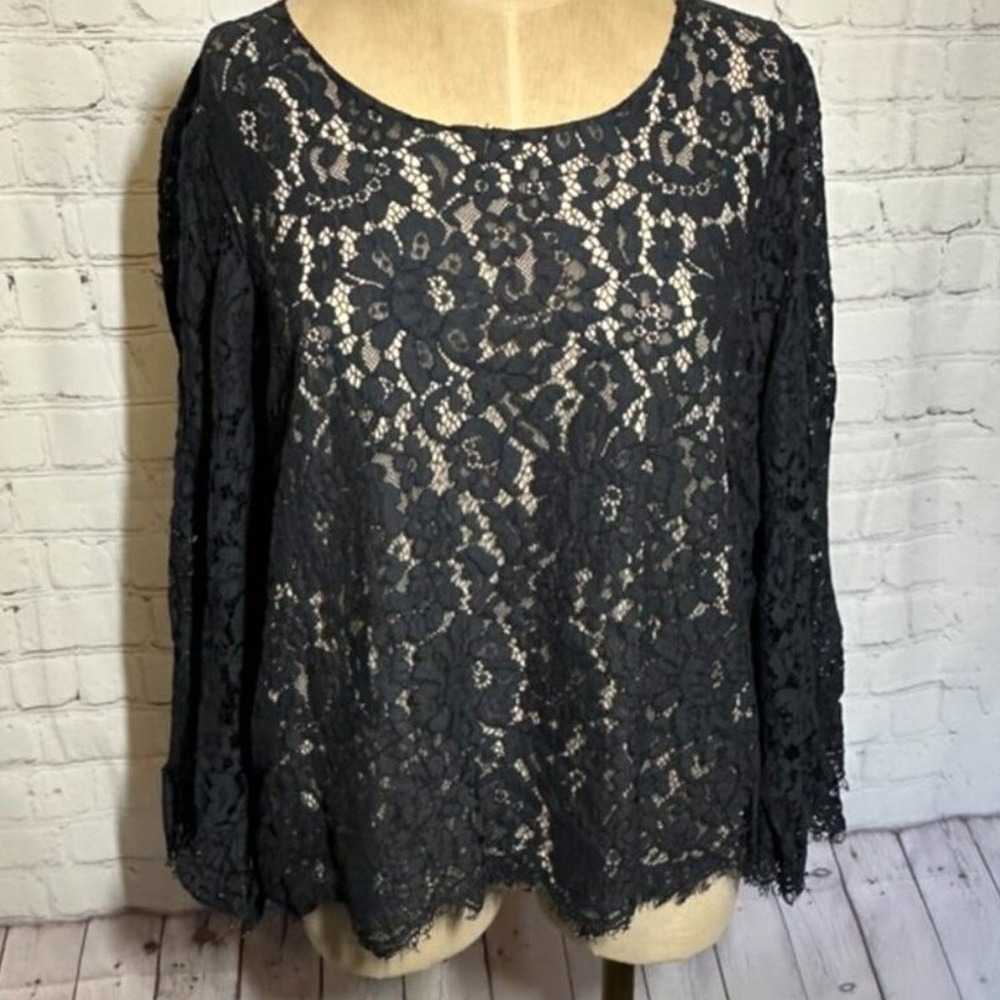 Whimsigoth Fairy Black Lace Blouse Bell Sleeve Top‎ XL Rose + Olive